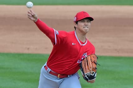 Feb 28, 2023; Mesa, Arizona, USA; Los Angeles Angels starting pitcher Shohei Ohtani (17) throws in the second inning against the Oakland Athletics during a Spring Training game at Hohokam Stadium. Mandatory Credit: Matt Kartozian-USA TODAY Sports