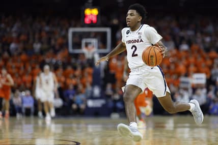 Feb 28, 2023; Charlottesville, Virginia, USA; Virginia Cavaliers guard Reece Beekman (2) drives to the basket against the Clemson Tigers in the second half at John Paul Jones Arena. Mandatory Credit: Geoff Burke-USA TODAY Sports