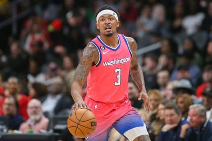 Feb 28, 2023; Atlanta, Georgia, USA; Washington Wizards guard Bradley Beal (3) dribbles against the Atlanta Hawks in the second half at State Farm Arena. Mandatory Credit: Brett Davis-USA TODAY Sports