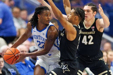 Mar 1, 2023; Lexington, Kentucky, USA; Kentucky Wildcats guard Cason Wallace (22) looks to pass the ball during the first half against the Vanderbilt Commodores at Rupp Arena at Central Bank Center. Mandatory Credit: Jordan Prather-USA TODAY Sports