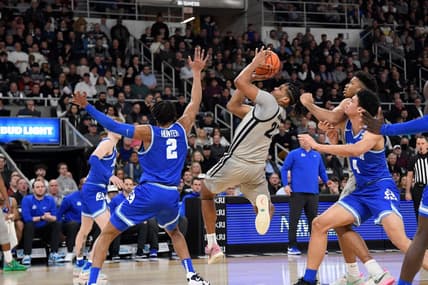 Mar 1, 2023; Providence, Rhode Island, USA; Providence Friars forward Bryce Hopkins (23) shoots Xavier Musketeers during the first half at Amica Mutual Pavilion. Mandatory Credit: Eric Canha-USA TODAY Sports