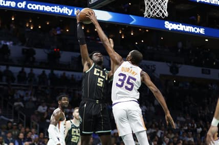 Mar 1, 2023; Charlotte, North Carolina, USA; Charlotte Hornets center Mark Williams (5) has his shot blocked by Phoenix Suns forward Kevin Durant (35) during first half action at Spectrum Center. Mandatory Credit: Brian Westerholt-USA TODAY Sports