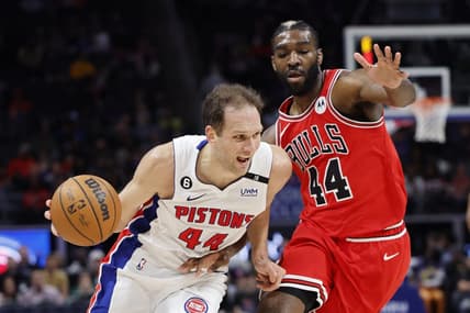 Mar 1, 2023; Detroit, Michigan, USA;  Detroit Pistons forward Bojan Bogdanovic (44) dribbles the ball against  Chicago Bulls forward Patrick Williams (44) in the first half at Little Caesars Arena. Mandatory Credit: Rick Osentoski-USA TODAY Sports