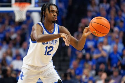 Mar 1, 2023; Lexington, Kentucky, USA; Kentucky Wildcats guard Antonio Reeves (12) passes the ball during the second half against the Vanderbilt Commodores at Rupp Arena at Central Bank Center. Mandatory Credit: Jordan Prather-USA TODAY Sports