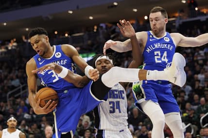 Mar 1, 2023; Milwaukee, Wisconsin, USA;  Milwaukee Bucks forward Giannis Antetokounmpo (34) grabs a rebound during the third quarter against the Orlando Magic at Fiserv Forum. Mandatory Credit: Jeff Hanisch-USA TODAY Sports
