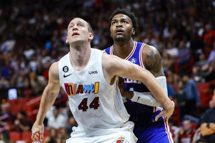 Mar 1, 2023; Miami, Florida, USA; Miami Heat center Cody Zeller (44) guards Philadelphia 76ers forward Paul Reed (44) during the third quarter at Miami-Dade Arena. Mandatory Credit: Sam Navarro-USA TODAY Sports