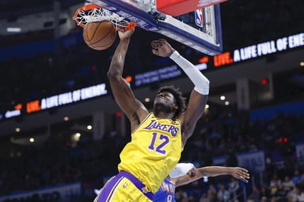 Mar 1, 2023; Oklahoma City, Oklahoma, USA; Los Angeles Lakers center Mo Bamba (12) dunks against the Oklahoma City Thunder during the second half at Paycom Center.  Mandatory Credit: Alonzo Adams-USA TODAY Sports