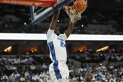 Mar 1, 2023; Omaha, Nebraska, USA;  Creighton Bluejays forward Arthur Kaluma (24) dunks the ball against the Georgetown Hoyas in the second half at CHI Health Center Omaha. Mandatory Credit: Steven Branscombe-USA TODAY Sports