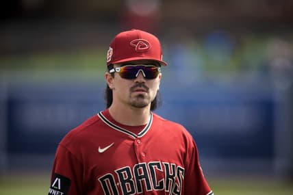 Mar 2, 2023; Phoenix, Arizona, USA; Arizona Diamondbacks outfielder Corbin Carroll against the Los Angeles Dodgers during a spring training game at Camelback Ranch-Glendale. Mandatory Credit: Mark J. Rebilas-USA TODAY Sports