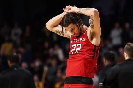 Mar 2, 2023; Minneapolis, Minnesota, USA; Rutgers Scarlet Knights guard Caleb McConnell (22) reacts to the loss against the Minnesota Golden Gophers after the game at Williams Arena. Mandatory Credit: Matt Krohn-USA TODAY Sports