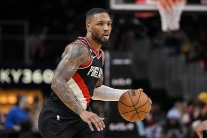 Mar 3, 2023; Atlanta, Georgia, USA; Portland Trail Blazers guard Damian Lillard (0) controls the ball against the Atlanta Hawks during the first half at State Farm Arena. Mandatory Credit: Dale Zanine-USA TODAY Sports