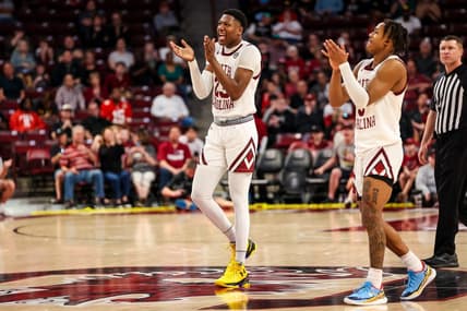 Mar 4, 2023; Columbia, South Carolina, USA; South Carolina Gamecocks forward Gregory "GG" Jackson II (23) and guard Meechie Johnson (5) celebrate a call being overturned in the second half against the Georgia Bulldogs at Colonial Life Arena. Mandatory Credit: Jeff Blake-USA TODAY Sports
