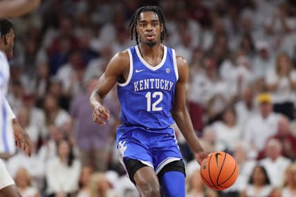 Mar 4, 2023; Fayetteville, Arkansas, USA; Kentucky Wildcats guard Antonio Reeves (12) dribbles during the first half against the Arkansas Razorbacks at Bud Walton Arena. Kentucky won 88-79. Mandatory Credit: Nelson Chenault-USA TODAY Sports
