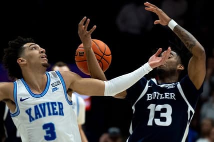 Xavier Musketeers guard Colby Jones (3) and Butler Bulldogs guard Jayden Taylor (13) competes for a ball in the first half of the NCAA men   s basketball game between the Xavier Musketeers and the Butler Bulldogs at the Cintas Center in Cincinnati on Saturday, March 4, 2023.

Ncaa Basketball Butler Bulldogs At Xavier Musketeers