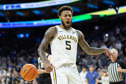 Mar 4, 2023; Philadelphia, Pennsylvania, USA; Villanova Wildcats guard Justin Moore (5) reacts after a score against the Connecticut Huskies during the second half at Wells Fargo Center. Mandatory Credit: Bill Streicher-USA TODAY Sports