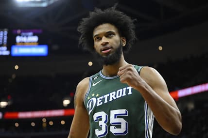 Mar 4, 2023; Cleveland, Ohio, USA; Detroit Pistons forward Marvin Bagley III (35) reacts in the fourth quarter against the Cleveland Cavaliers at Rocket Mortgage FieldHouse. Mandatory Credit: David Richard-USA TODAY Sports