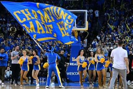 Mar 4, 2023; Los Angeles, California, USA; UCLA Bruins cheerleaders celebrate after the Bruins defeated the Arizona Wildcats at Pauley Pavilion presented by Wescom. Mandatory Credit: Richard Mackson-USA TODAY Sports