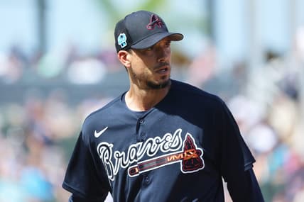 Mar 5, 2023; North Port, Florida, USA; Atlanta Braves starting pitcher Charlie Morton (50) looks on after pitching the second inning against the New York Yankees at CoolToday Park. Mandatory Credit: Kim Klement-USA TODAY Sports