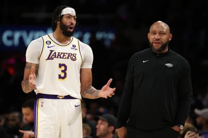 Mar 5, 2023; Los Angeles, California, USA;  Los Angeles Lakers head coach Darvin Ham and forward Anthony Davis (3) talk during the game against the Golden State Warriors at Crypto.com Arena. Mandatory Credit: Kiyoshi Mio-USA TODAY Sports
