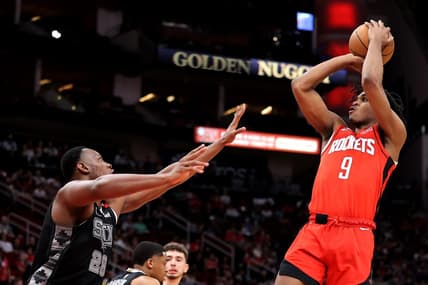 Mar 5, 2023; Houston, Texas, USA; Houston Rockets guard Josh Christopher (9) shoots against San Antonio Spurs center Charles Bassey (28) during the second quarter at Toyota Center. Mandatory Credit: Erik Williams-USA TODAY Sports