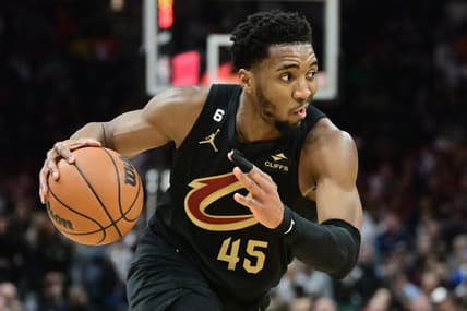 Mar 6, 2023; Cleveland, Ohio, USA; Cleveland Cavaliers guard Donovan Mitchell (45) drives to the basket against the Boston Celtics during the second half at Rocket Mortgage FieldHouse. Mandatory Credit: Ken Blaze-USA TODAY Sports