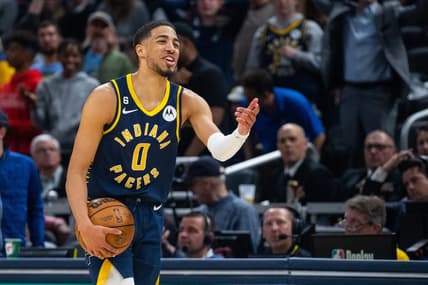 Mar 6, 2023; Indianapolis, Indiana, USA; Indiana Pacers guard Tyrese Haliburton (0) reacts to a call  in the second half against the Philadelphia 76ers at Gainbridge Fieldhouse. Mandatory Credit: Trevor Ruszkowski-USA TODAY Sports