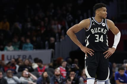 Mar 5, 2023; Washington, District of Columbia, USA; Milwaukee Bucks forward Giannis Antetokounmpo (34) stands on the court against the Washington Wizards at Capital One Arena. Mandatory Credit: Geoff Burke-USA TODAY Sports