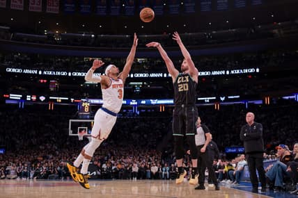 Mar 7, 2023; New York, New York, USA; Charlotte Hornets forward Gordon Hayward (20) shoots the ball against the New York Knicks against New York Knicks guard Josh Hart (3) during the first half at Madison Square Garden. Mandatory Credit: Vincent Carchietta-USA TODAY Sports