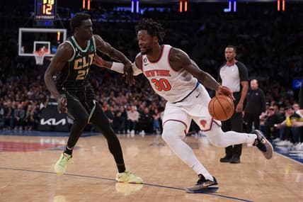 Mar 7, 2023; New York, New York, USA; New York Knicks forward Julius Randle (30) dribbles against Charlotte Hornets forward JT Thor (21) during the second half at Madison Square Garden. Mandatory Credit: Vincent Carchietta-USA TODAY Sports