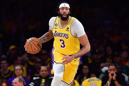 Mar 7, 2023; Los Angeles, California, USA; Los Angeles Lakers forward Anthony Davis (3) moves the ball up court against the Memphis Grizzlies during the first half at Crypto.com Arena. Mandatory Credit: Gary A. Vasquez-USA TODAY Sports