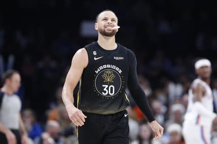 Mar 7, 2023; Oklahoma City, Oklahoma, USA; Golden State Warriors guard Stephen Curry (30) reacts after a play against the Oklahoma City Thunder during the second half at Paycom Center. Oklahoma City won 137-128. Mandatory Credit: Alonzo Adams-USA TODAY Sports