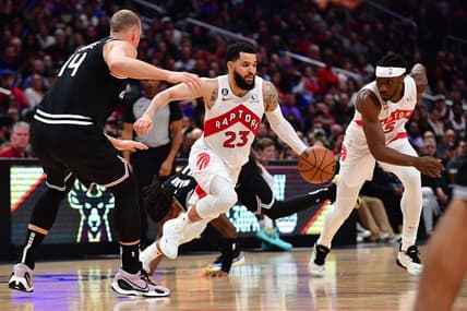 Mar 8, 2023; Los Angeles, California, USA; Toronto Raptors guard Fred VanVleet (23) moves the ball against Los Angeles Clippers center Mason Plumlee (44) during the second half at Crypto.com Arena. Mandatory Credit: Gary A. Vasquez-USA TODAY Sports