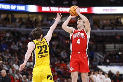 Mar 9, 2023; Chicago, IL, USA; Ohio State Buckeyes guard Sean McNeil (4) shoots against Iowa Hawkeyes forward Patrick McCaffery (22) during the first half at United Center. Mandatory Credit: Kamil Krzaczynski-USA TODAY Sports