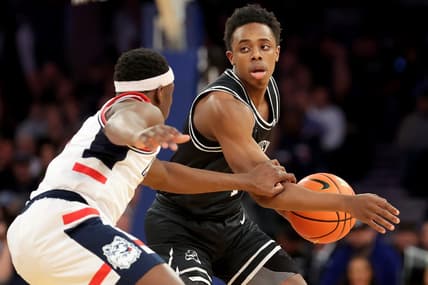 Mar 9, 2023; New York, NY, USA; Providence Friars guard Jayden Pierre (1) controls the ball against Connecticut Huskies guard Hassan Diarra (5) during the first half at Madison Square Garden. Mandatory Credit: Brad Penner-USA TODAY Sports