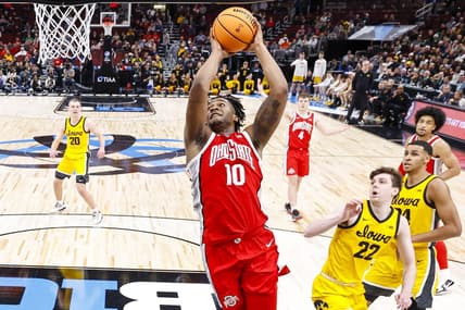 Mar 9, 2023; Chicago, IL, USA; Ohio State Buckeyes forward Brice Sensabaugh (10) goes to the basket against the Iowa Hawkeyes during the second half at United Center. Mandatory Credit: Kamil Krzaczynski-USA TODAY Sports