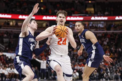 Mar 9, 2023; Chicago, IL, USA; Illinois Fighting Illini forward Matthew Mayer (24) drives to the basket against the Penn State Nittany Lions during the second half at United Center. Mandatory Credit: Kamil Krzaczynski-USA TODAY Sports
