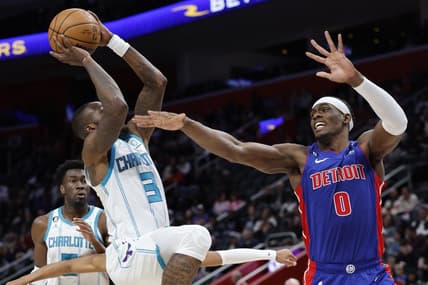Mar 9, 2023; Detroit, Michigan, USA;  Charlotte Hornets guard Terry Rozier (3) shoots on Detroit Pistons center Jalen Duren (0) in the first half at Little Caesars Arena. Mandatory Credit: Rick Osentoski-USA TODAY Sports