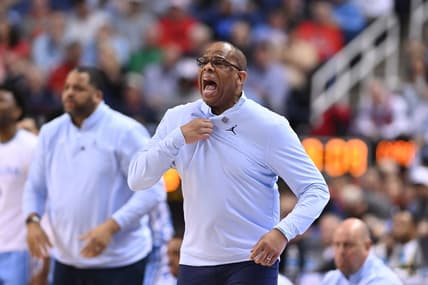 Mar 9, 2023; Greensboro, NC, USA; North Carolina Tar Heels head coach Hubert Davis reacts in the second half of the quarterfinals of the ACC tournament at Greensboro Coliseum.  Mandatory Credit: Bob Donnan-USA TODAY Sports