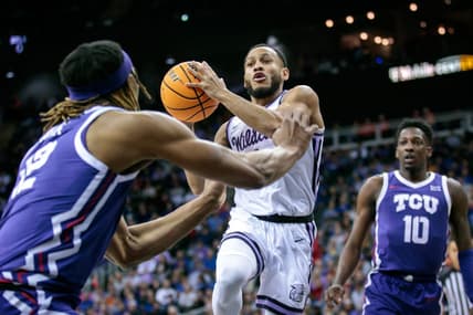Mar 9, 2023; Kansas City, MO, USA; Kansas State Wildcats guard Markquis Nowell (1) looks to pass during the first half against the TCU Horned Frogs at T-Mobile Center. Mandatory Credit: William Purnell-USA TODAY Sports