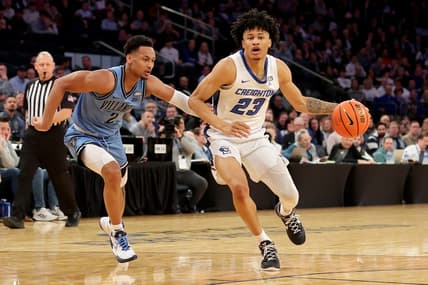 Mar 9, 2023; New York, NY, USA; Creighton Bluejays guard Trey Alexander (23) drives to the basket against Villanova Wildcats guard Mark Armstrong (2) during the second half at Madison Square Garden. Mandatory Credit: Brad Penner-USA TODAY Sports