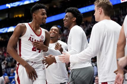 Alabama forward Brandon Miller (24) is congratulated by teammates during the second half of a SEC Men   s Basketball Tournament quarterfinal game against Mississippi State at Bridgestone Arena in Nashville, Tenn., Friday, March 10, 2023.

Ala Miss G7 031023 An 036