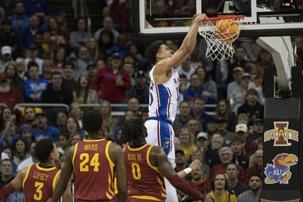Mar 10, 2023; Kansas City, MO, USA; Kansas Jayhawks guard Kevin McCullar Jr. (15) dunks the ball against the Iowa State Cyclones in the first half at T-Mobile Center. Mandatory Credit: Amy Kontras-USA TODAY Sports