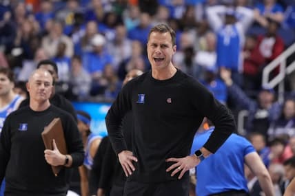 Mar 10, 2023; Greensboro, NC, USA;  Duke Blue Devils head coach Jon Scheyer reacts in the second half during the semifinals of the ACC Tournament at Greensboro Coliseum. Mandatory Credit: Bob Donnan-USA TODAY Sports