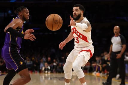 Mar 10, 2023; Los Angeles, California, USA; Toronto Raptors guard Fred VanVleet (23) passes the ball during the first quarter against the Los Angeles Lakers at Crypto.com Arena. Mandatory Credit: Kiyoshi Mio-USA TODAY Sports