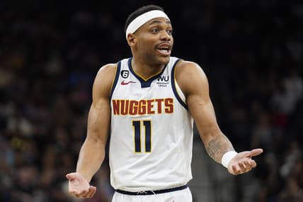 Mar 10, 2023; San Antonio, Texas, USA; Denver Nuggets forward Bruce Brown (11) reacts during the second half against the San Antonio Spurs at AT&T Center. Mandatory Credit: Scott Wachter-USA TODAY Sports