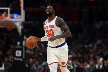 Mar 11, 2023; Los Angeles, California, USA;  New York Knicks forward Julius Randle (30) brings the ball up court during the third quarter against the Los Angeles Clippers at Crypto.com Arena. Mandatory Credit: Kiyoshi Mio-USA TODAY Sports
