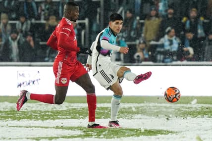 Mar 11, 2023; Saint Paul, Minnesota, USA; Minnesota United defender Miguel Tapias (4) passes the ball against the New York Red Bulls at Allianz Field. Mandatory Credit: Matt Blewett-USA TODAY Sports
