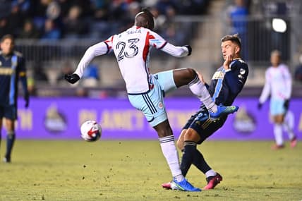 Mar 11, 2023; Philadelphia, Pennsylvania, USA; Chicago Fire FC defender Kei Kamara (23) and Philadelphia Union defender Kai Wagner (27) battle for the ball during the first half at Subaru Park. Mandatory Credit: Kyle Ross-USA TODAY Sports