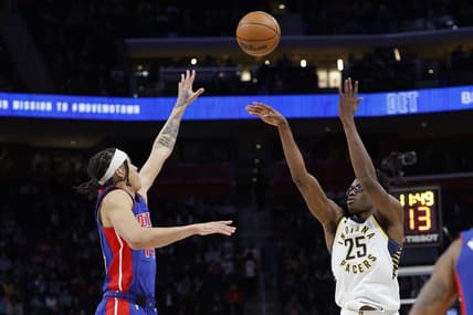 Mar 11, 2023; Detroit, Michigan, USA;  Indiana Pacers forward Jalen Smith (25) shoots the ball against Detroit Pistons guard R.J. Hampton (14) in the second half at Little Caesars Arena. Mandatory Credit: Rick Osentoski-USA TODAY Sports
