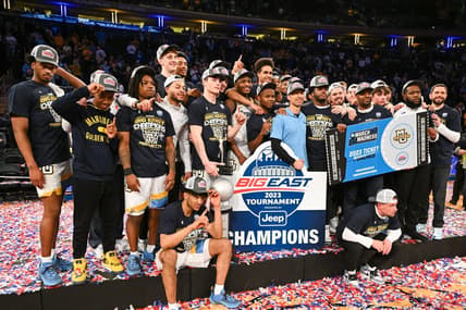Mar 11, 2023; New York, NY, USA; Marquette Golden Eagles celebrate winning the Big East Tournament at Madison Square Garden. Mandatory Credit: Mark Smith-USA TODAY Sports